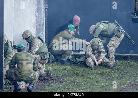 I REDATTORI NOTANO UN'IMMAGINE PIXELATA ALLA FONTE i soldati ucraini prendono parte a un esercizio militare durante una visita dei ministri della difesa delle nazioni della forza di spedizione congiunta per vedere i soldati delle forze armate dell'Ucraina partecipare al programma di addestramento di base guidato dal Regno Unito su un campo di addestramento militare nel Nord-est dell'Inghilterra. Data immagine: Mercoledì 9 novembre 2022. Foto Stock