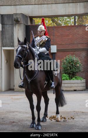 Londra, Regno Unito. 10th Nov 2022. Kit Ride e sfilata di passaggio per Household Cavalry montato reggimento. Il generale Sir Adrian Bradshaw KCB OBE GL ha ispezionato l'ultima corsa in kit del reggimento Household Cavalry Mounted a Knightsbridge Barracks e ad Hyde Park a Rotten Row. L'ufficiale comandante è Lt-colonnello Thomas Armitage. Credit: Peter Hogan/Alamy Live News Foto Stock