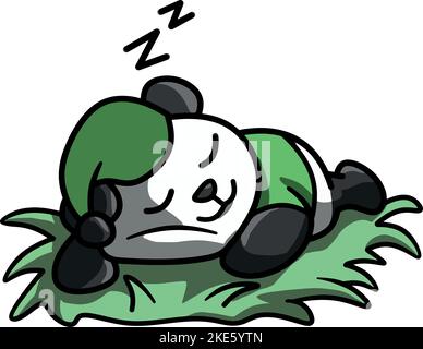 Un simpatico panda in stile cartoon che dorme sull'erba isolato su uno sfondo bianco. Illustrazione Vettoriale