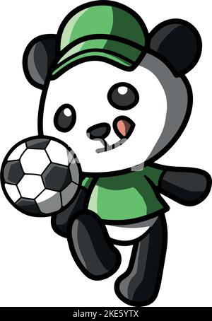Un simpatico panda in stile cartoon che gioca a calcio isolato su uno sfondo bianco verticale. Illustrazione Vettoriale