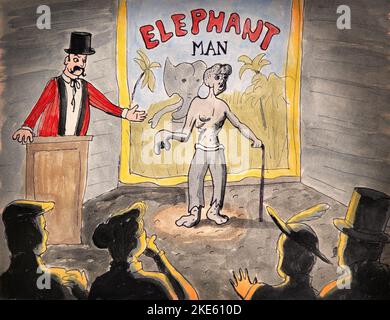 Un pubblico vittoriano è scioccato per la comparsa di Joseph Merrick, l'uomo elefante in uno spettacolo freak. Foto Stock