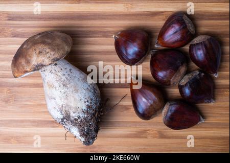 Boletus Edulis appena raccolto con castagne. Prodotti biologici forestali, funghi freschi raccolti funghi porcini. Autunno raccolto alimentare concetto. Foto Stock