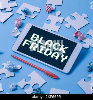 Scrittura visualizzazione testo Black Friday. Parola per un giorno in cui il venditore segna i loro prezzi in giù esclusivamente per l'acquirente Foto Stock