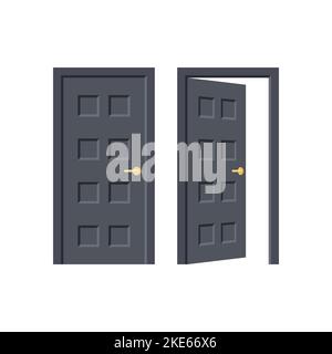 Sportello nero. Ingresso o uscita. Concetto di porta. Aprire e chiudere la porta isolata su sfondo bianco. Stile piatto. Illustrazione vettoriale Illustrazione Vettoriale