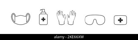 Dispositivi di protezione individuale. Salvarsi dai virus. Maschera medica, guanti in lattice, sapone, dispenser, occhiali protettivi. Icone lineari. Vettore illus Illustrazione Vettoriale