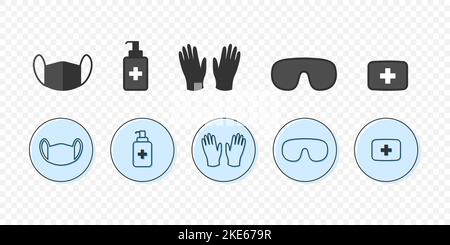 Dispositivi di protezione individuale. Salvarsi dai virus. Maschera medica, guanti in lattice, sapone, dispenser, occhiali protettivi. Accessori di protezione. Ve Illustrazione Vettoriale