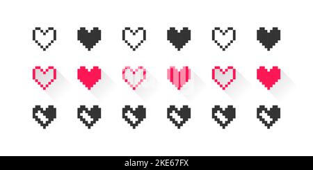 Set di icone dei pixel dei cuori. Icone pixel nere e rosse. Pixel art cuori su sfondo bianco. Illustrazione vettoriale Illustrazione Vettoriale