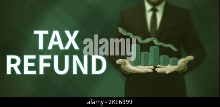 Visualizzazione concettuale rimborso fiscale. Panoramica aziendale applicata quando la responsabilità in denaro è inferiore a quella pagata Foto Stock