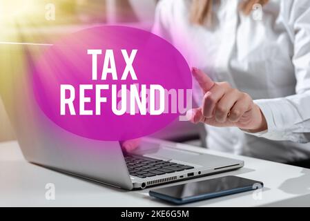 Visualizzazione concettuale rimborso fiscale. Foto concettuale applicata quando la responsabilità in denaro è inferiore a quella pagata Foto Stock