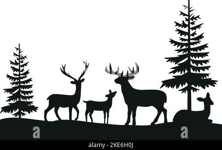 Vector Doppia esposizione, cervo per il vostro disegno, concetto di fauna selvatica. Vector vintage paesaggio forestale con silhouette bianche e nere di alberi e ani selvaggi Illustrazione Vettoriale