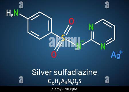 Molecola di sulfadiazina d'argento. Si tratta di antibiotico sulfonamide, utilizzato per il trattamento delle ustioni. Formula chimica strutturale su sfondo blu scuro. Illustrazione Vettoriale