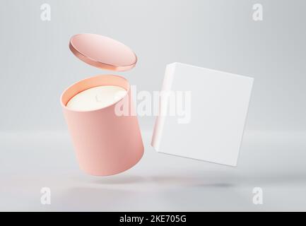 Candela beige vaso in vetro ceramica con coperchio oro rosa e scatola 3D rendere mockup Foto Stock