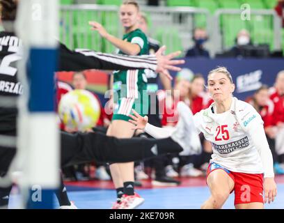 LJUBLJANA, SLOVENIA - 10 NOVEMBRE: Trine Jensen Ostergaard di Danimarca lancia un gol durante la partita di Handball Championship femminile europea EHF tra Ungheria e Danimarca all'Arena Stozice il 10 novembre 2022 a Ljubljana, Slovenia. Foto: Slavko Midzor/PIXSELL Foto Stock