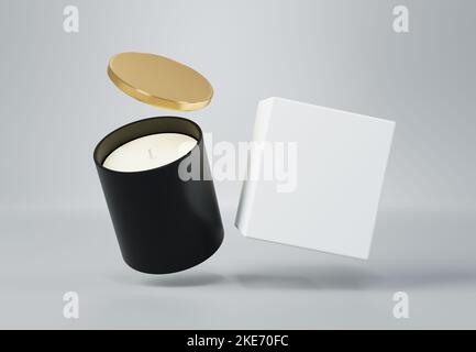 Candela nera in vetro ceramica con coperchio dorato e scatola 3D render mockup Foto Stock