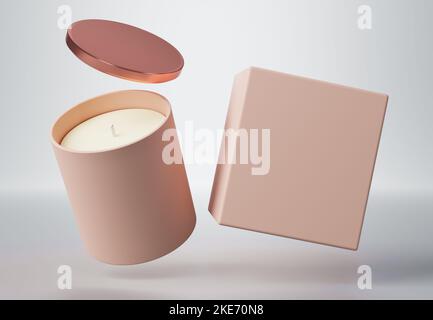 Candela vaso in vetro ceramica con coperchio oro rosa e scatola 3D rendere mockup Foto Stock