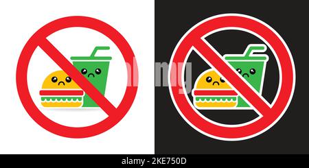 Non sono ammessi cibi e bevande cartoni animati con cartello kawaii, isolati su sfondo bianco e nero. Simbolo di divieto. Illustrazione Vettoriale