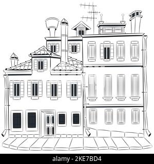 Vista delle facciate di vecchie case tradizionali isolate su uno sfondo bianco. Venezia. Italia. Illustrazione vettoriale. Illustrazione Vettoriale