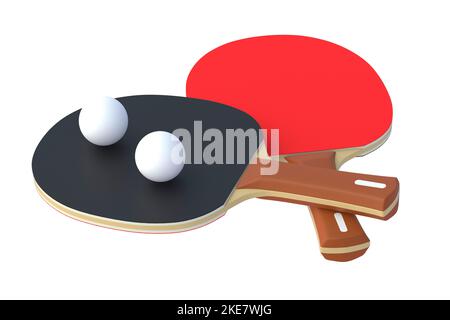 Paddle da ping pong con palle isolate su sfondo bianco. Gioco per il tempo libero. Attrezzature sportive. Concorrenza internazionale. Ping-pong. 3d rendering Foto Stock