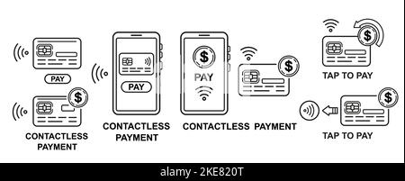 Carta di credito contactless senza contanti, trasferimento di denaro tramite telefono cellulare online wireless, icona NFC pay set. Vettore di transazione di cassa di Internet banking Illustrazione Vettoriale