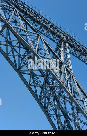 Dettaglio in primo piano della struttura in ferro di Ponte de Dom Luis i, iconico ponte ad arco in metallo a due piani che si estende sul fiume Douro Foto Stock