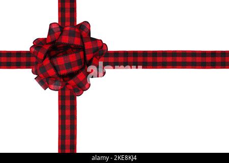 Regalo di Natale fiocco e nastro con motivo a plaid di bufalo rosso e nero. Forma a scatola isolata su sfondo bianco. Foto Stock