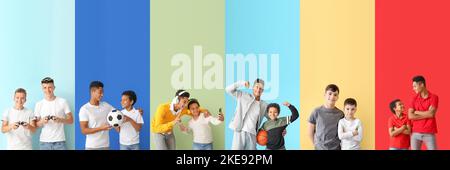 Collage di adorabili fratelli su sfondo a colori Foto Stock