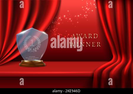 3d sfondo vettoriale realistico. Premiata premiazione premiata con trofeo di vetro con alloro sul palco drappeggio in velluto rosso. Illustrazione Vettoriale