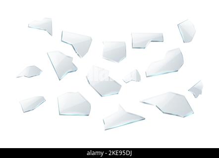 rappresentazione vettoriale realistica. Incrinature rotte di pezzi di vetro trasparente. Isolato su backgorund bianco. Illustrazione Vettoriale