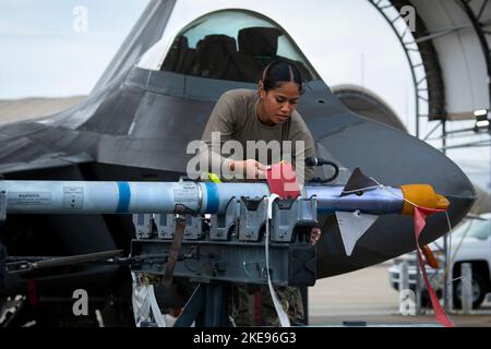 Base dell'aeronautica militare di Eglin, Florida, Stati Uniti. 28th Ott 2022. Airman Leata Kisena, 43rd Fighter Generation Squadron, esegue controlli su un missile AIM-9 durante il concorso di equipaggio carico armi dell'unità di ottobre. 28 alla base dell'aeronautica di Eglin, Fla. Due squadre hanno gareggiato per vedere chi poteva caricare un AIM-120 e un AIM-9 sul loro F-22 Raptor il più veloce e con il minor numero di errori. La squadra nella foto ha vinto il concorso trimestrale. Credit: US Air Force/ZUMA Press Wire Service/ZUMAPRESS.com/Alamy Live News Foto Stock