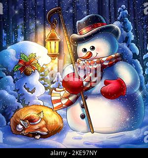 Buon Natale, illustrazione di un pupazzo di neve e di una volpe fuori della casa la vigilia di Natale Foto Stock