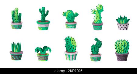 Cactus set collezione in vaso icona cartone animato illustrazione indor giardinaggio messicano cactus Illustrazione Vettoriale