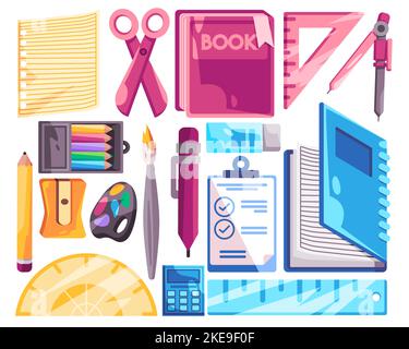Arte e creativa scuola di studio oggetto set collezione illustrazione di colore matita palette righello libro Illustrazione Vettoriale