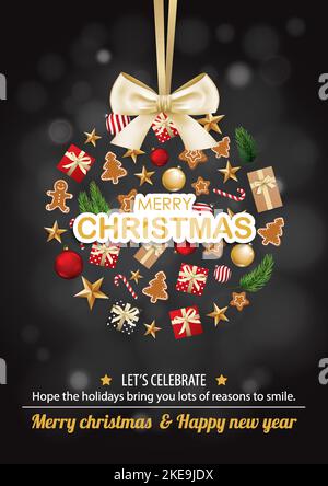 Allegro oggetto di natale in forma di sfera di vetro per volantino e modello di sfondo di design brochure. Buon banner e modello di biglietto di auguri per le feste. Illustrazione Vettoriale