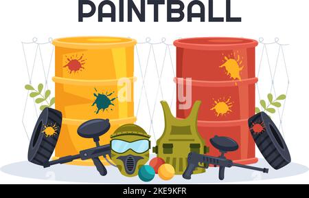 Persone che giocano Paintball of Fighter giocatore Tiro con pistola sparare, mira, attacco in campo scena in piano Cartoon mano disegnata modello Illustrazione Illustrazione Vettoriale