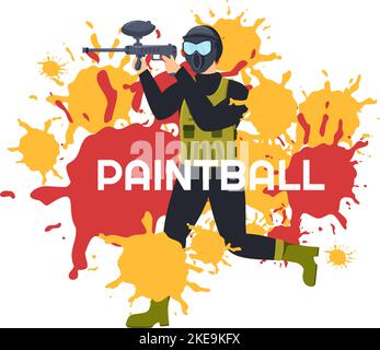 Persone che giocano Paintball of Fighter giocatore Tiro con pistola sparare, mira, attacco in campo scena in piano Cartoon mano disegnata modello Illustrazione Illustrazione Vettoriale