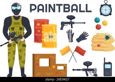 Persone che giocano Paintball of Fighter giocatore Tiro con pistola sparare, mira, attacco in campo scena in piano Cartoon mano disegnata modello Illustrazione Illustrazione Vettoriale