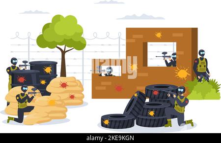 Persone che giocano Paintball of Fighter giocatore Tiro con pistola sparare, mira, attacco in campo scena in piano Cartoon mano disegnata modello Illustrazione Illustrazione Vettoriale