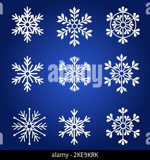 Set di bellissimi fiocchi di neve per carte, modelli di social media, decoraiton. Illustrazione Vettoriale