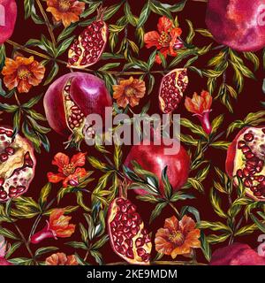 Motivo senza cuciture con melograno. Illustrazione acquerello. Frutto melograno su un ramo, melograno aperto, fiori melograno. Su un backgroun bianco Foto Stock