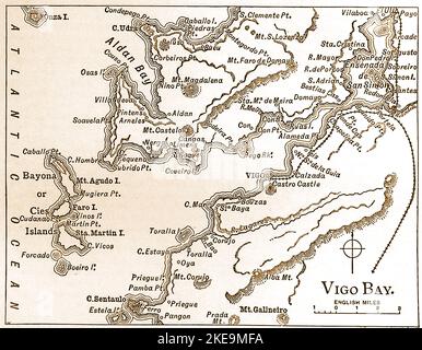 Una vecchia mappa del 1890 di Vigo Bay, Spagna. Vigo Bay è una delle ambientazioni del romanzo di Jules Verne, ventimila leghe sotto il mare. Storicamente la zona è conosciuta per la battaglia di Vigo Bay, nota anche come la battaglia di Rande / Batalla de Rande combatté in mare il 23 ottobre 1702 durante i primi anni della guerra di successione spagnola. --- un mapa antiguo de 1890 de la Bahía de Vigo, España. La Bahía de Vigo es uno de los escenarios de la novela de Julio Verne, Veinte mil leguas de viaje submarino y Batalla de Rande (1702), Foto Stock