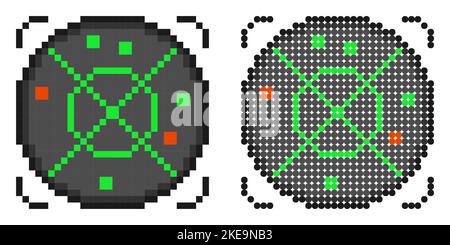 Icona pixel. Schermo radar con piccoli punti rossi. Sicurezza dell'aviazione civile. Controllo dell'itinerario di volo dell'aereo. Semplice vettore di gioco retrò isolato su bianco Illustrazione Vettoriale