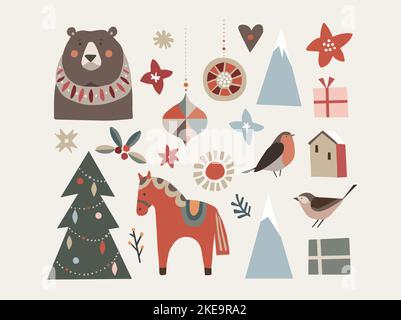 Set di animali scandinavi natalizi ed elementi naturali. Cavallo di Dala, uccelli di finca, ornamenti di bearChristmas, albero e fiori. Casa con scatole regalo Illustrazione Vettoriale