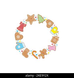 Cornice biscotto dello zenzero rotondo di Natale, illustrazione del vettore del colore in stile del cartone animato. Illustrazione Vettoriale
