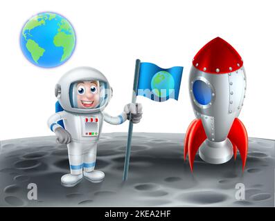 Cartoon Space Rocket Spaceship Luna e astronauta Illustrazione Vettoriale