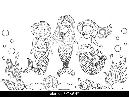 Tre amici sirena nel mondo sottomarino. Monocromatico. Disegno per una vacanza dei bambini, cartoline Illustrazione Vettoriale