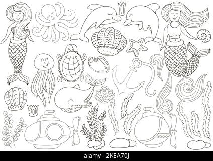 Grande set di icone ed elementi di design. Mare, oceano e i loro favolosi abitanti. Illustrazioni monocromatiche in stile disegno a mano. Raccolta di icone, sig Illustrazione Vettoriale