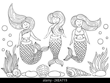 Tre amici sirena nel mondo sottomarino. Monocromatico. Disegno per una vacanza dei bambini, cartoline, volantini Illustrazione Vettoriale