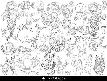 Grande set di icone ed elementi di design. Mare, oceano e i loro favolosi abitanti. Illustrazioni in stile disegno a mano. Raccolta monocromatica di icone, sig Illustrazione Vettoriale