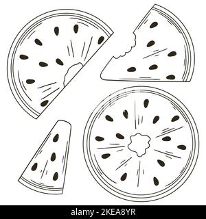 Set di illustrazioni vettoriali in stile disegnato a mano. Poster da colorare con frutta. Collezione di adesivi. Anguria Illustrazione Vettoriale