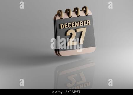 Calendario da tavolo in piedi nero e dorato mese con data dicembre 27. Design moderno con elementi dorati, illustrazione in 3D. cerami bianco Foto Stock